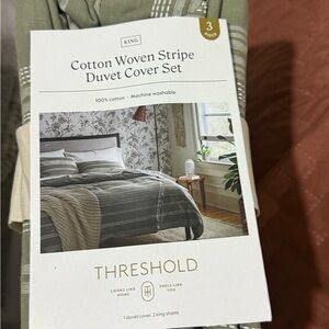 Threshold Cotton Woven Stripe Duvet Cover Set - Olive and Cream